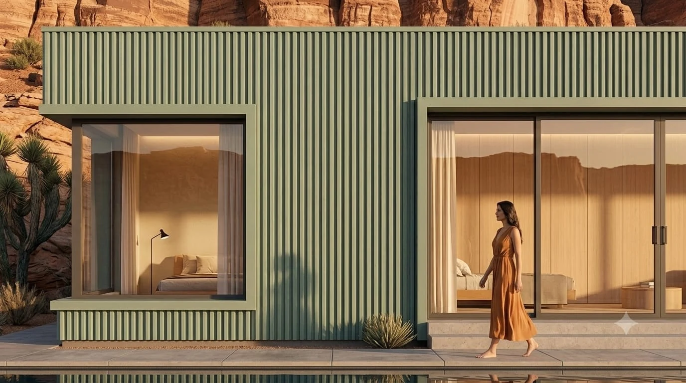 A house exterior clad in fluted sage green StyleX cladding