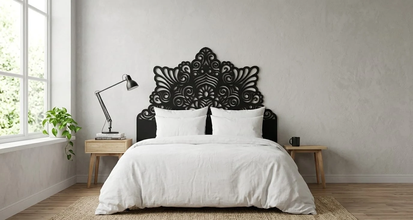 A black laser cut mandala headboard above a made bed